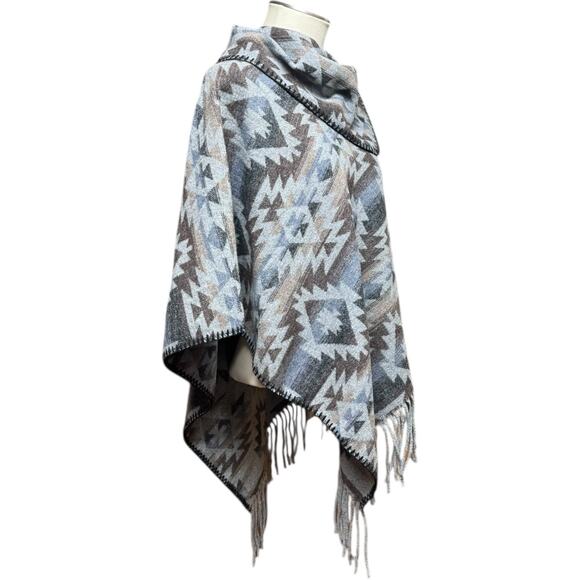 Aztec Print Poncho Fringe Tassel Gray Brown Blue Black OSFM - Picture 4 of 5